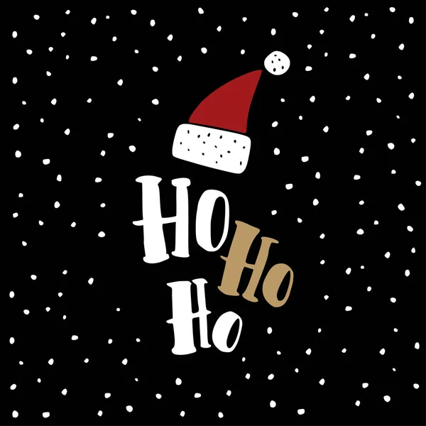Tarjeta de felicitación navideña divertida, invitación. Sombrero rojo de Santa Claus dibujado a mano con texto Ho ho. Fondo negro con nieve cayendo . — Archivo Imágenes Vectoriales
