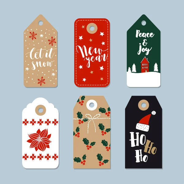 Vintage Christmas gift tags set. Hand drawn labels with lettering quotes. Isolated vector illustration objects. — Stock Vector