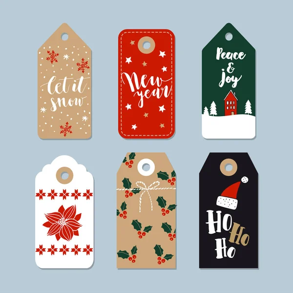 Vintage christmas gift tags set. handgezeichnete Etiketten mit Anführungszeichen. isolierte Vektorillustrationsobjekte. — Stockvektor