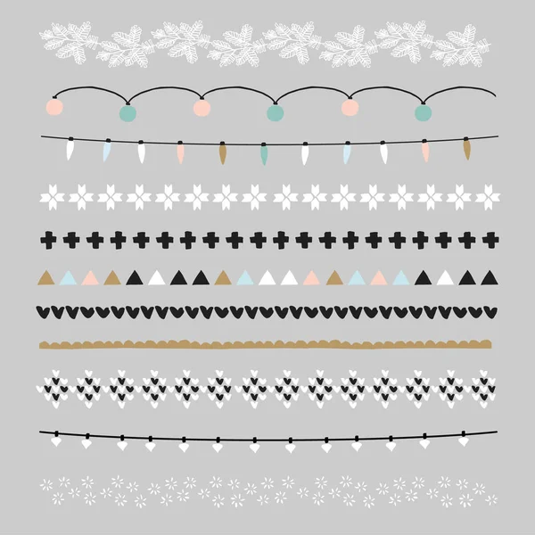 Set de fronteras navideñas y pinceles. Decoraciones de fiesta con luces de Navidad, patrones de punto. Objetos vectoriales aislados . — Archivo Imágenes Vectoriales
