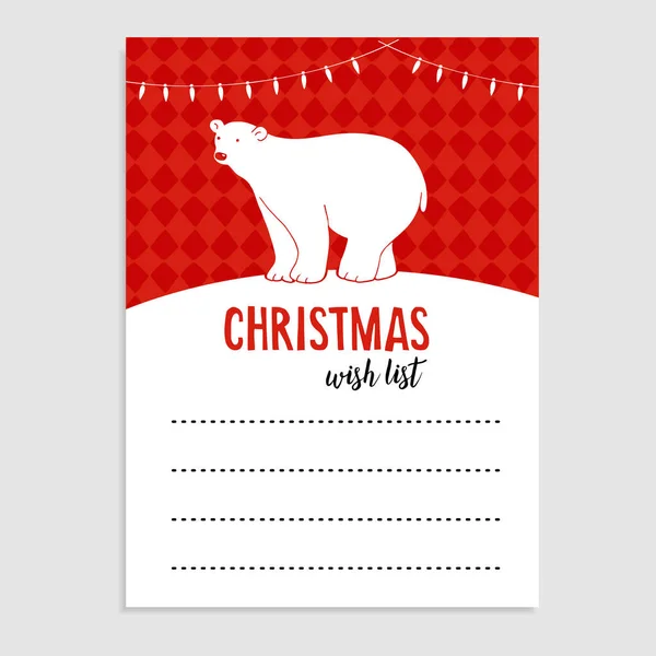 Niedliche Weihnachtsgrußkarte, Wunschliste. Eisbär mit Weihnachtsbeleuchtung und Schnee. handgezeichnete Vektor Illustration Hintergrund. — Stockvektor