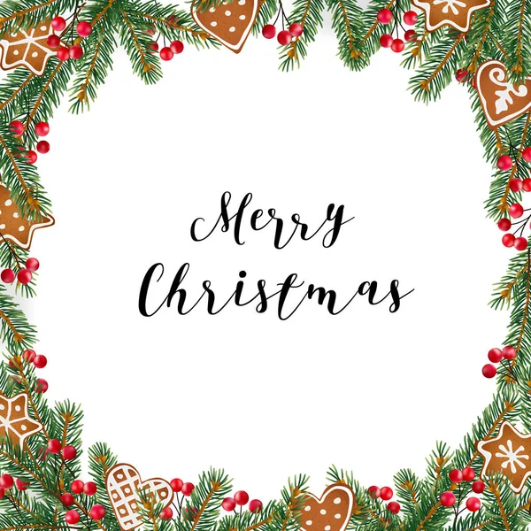 Різдвяна рамка, вінок, зроблений з вічнозеленої ялиці, ялинових гілок, червоних ягід та пряників на білому тлі . — стоковий вектор