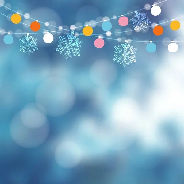 Weihnachtskarte, Einladung. Wintergartenparty-Dekoration. Vektorillustration mit Lichterkette, Schneeflocken — Stockvektor