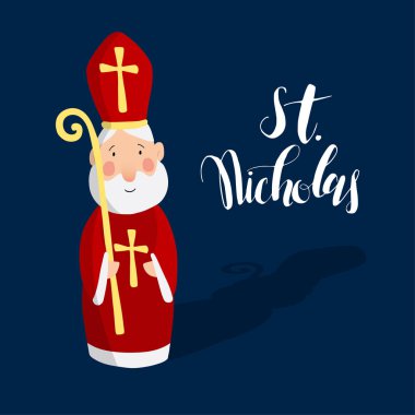 Gönye ve pastoral personel şirin tebrik kartı ile Aziz Nicholas'ım. Avrupa kış geleneği. El-Aydın metin. Düz tasarım