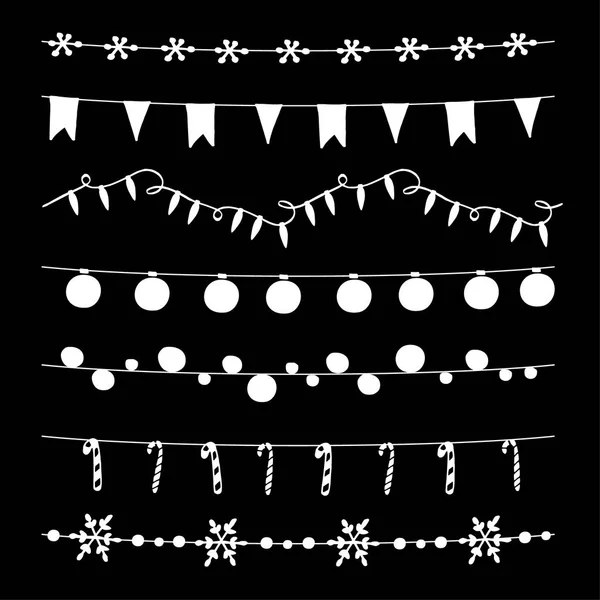 Conjunto de fronteras navideñas, cuerdas, guirnaldas, pinceles. Decoración de la fiesta con bolas de Navidad, bolas, luces, banderas, bastón de caramelo — Archivo Imágenes Vectoriales