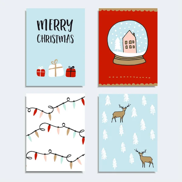 Conjunto de Natal, cumprimentos de Ano Novo, cartões jornalísticos, convites. Ilustração desenhada à mão de luzes de Natal, bola de vidro . —  Vetores de Stock