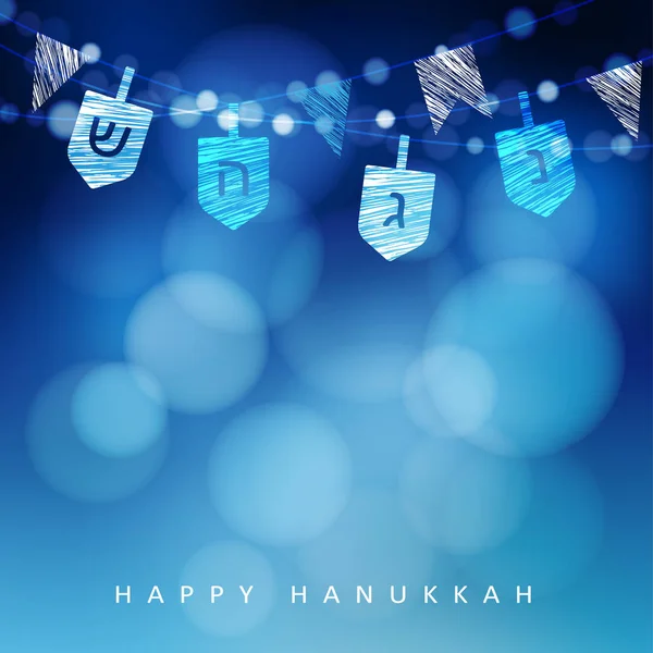 Fond bleu anukkah avec une chaîne de lumière et de dreidels. Décoration de fête festive. Illustration vectorielle floue moderne . — Image vectorielle