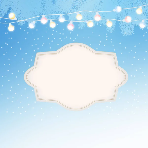 Natal, cartão de saudação de Ano Novo, convite com uma série de luzes, silhueta de galhos de árvore de Natal e etiqueta de papel em branco — Vetor de Stock