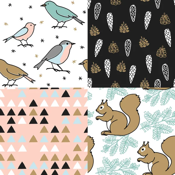 Ensemble de motifs sans couture de Noël. Mignonnes conceptions festives scrapbooking avec des oiseaux et des écureuils. Design dessiné à la main. Vecteur — Image vectorielle