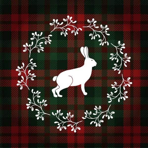 Christmas greeting card, invitation. White rabbit or hare and  Christmas wreath made of mistletoe. Tartan checkered plaid,vector — Stock Vector
