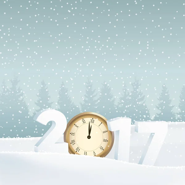 Feliz Ano Novo 2017 cartão de felicitações, convite. Paisagem de inverno branco com floresta, números, relógio velho e neve caindo. Vetor . —  Vetores de Stock