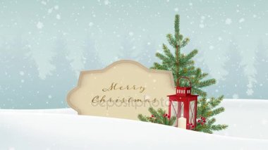 Vintage Noel arka plan. Kış manzara orman, kağıt afiş, düşen kar beyaz. Festival dekorasyon fir Noel ağacı, kırmızı fener ve çilek. HD animasyon.