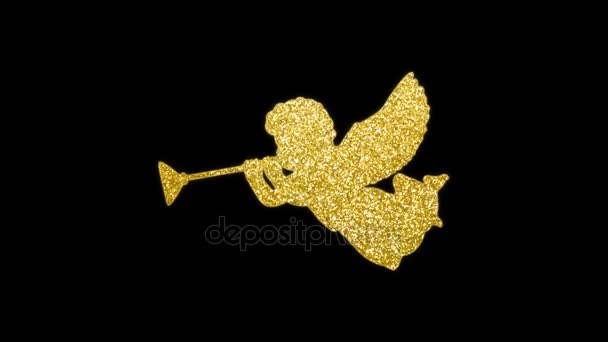 Christmas glittering silhouette of angels with trumpets made of golden lights. Festive holiday background. HD animation, seamless looping. — Stock Video