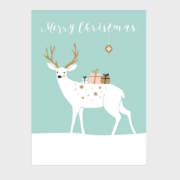 Sevimli Noel tebrik kartı, davet. Ren geyiği ve hediye kutuları. Elle çizilmiş tasarım. Vektör çizim arka plan. — Stok Vektör