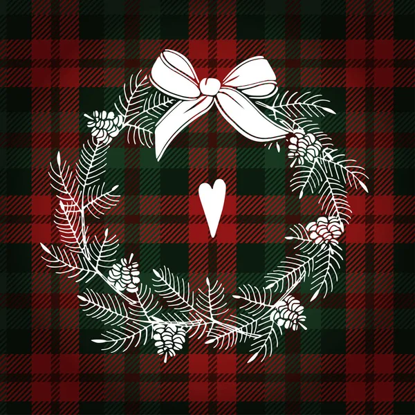 Tarjeta de felicitación de Navidad, invitación. Corona blanca de Navidad hecha de ramas de pino y conos. Tartán cuadros a cuadros, illu vector — Vector de stock