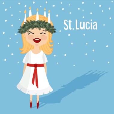 Çelenk ve mum taç, Saint Lucia ile sevimli küçük kız. İsveçli Noel geleneği. Vektör.