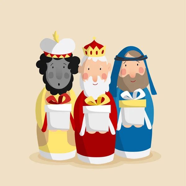 Tarjeta de felicitación navideña, invitación con tres magos. Reyes bíblicos Caspar, Melchor y Baltasar. Diseño plano, vector . — Vector de stock