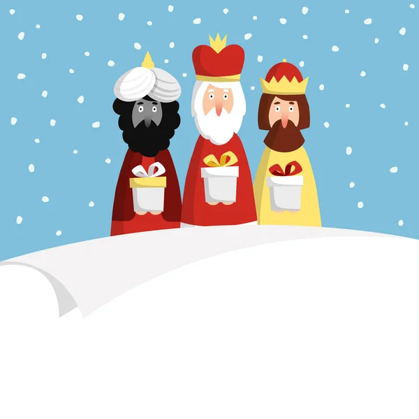 Рождественская открытка, приглашение с тремя волхвами. Библейские короли Каспар, Мельхиор и Бальтазар. Плоский дизайн, векторная иллюстрация фона . — стоковый вектор