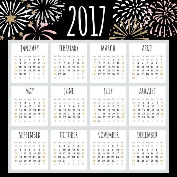 Calendar 2017 with hand drawn fireworks. Simple modern design, vector illustration. — Stock Vector
