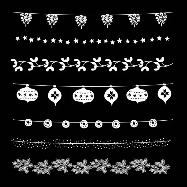 Conjunto de bordes, cuerdas y pinceles navideños. Decoración de fiesta. Vectores de tiza . — Archivo Imágenes Vectoriales
