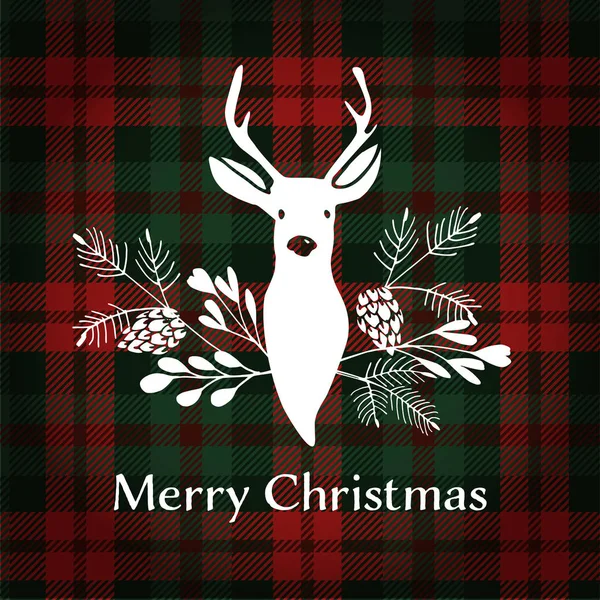 Wesołych Świąt z życzeniami. Renifer z Boże Narodzenie bukiet. Tartan checkered plaid, wektor. — Wektor stockowy