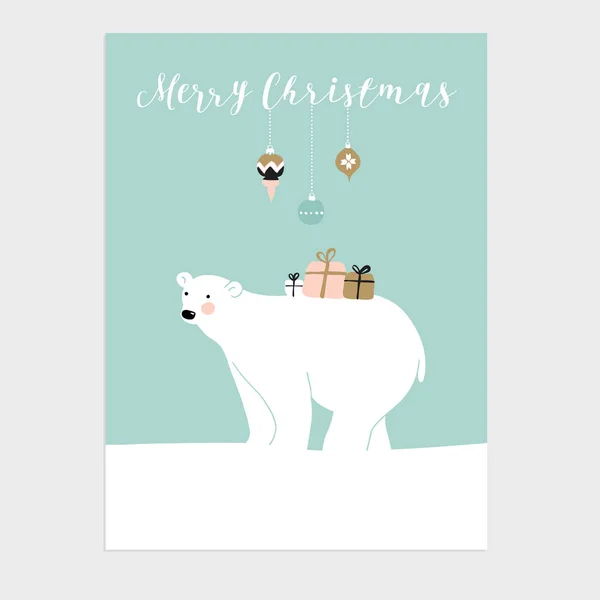 Linda tarjeta de felicitación de Navidad, invitación con oso polar y cajas de regalo. Vector . — Archivo Imágenes Vectoriales