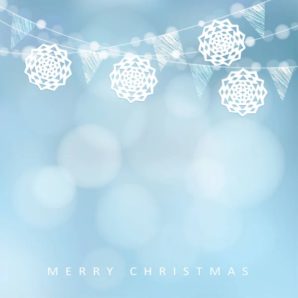 Vánoční přání. Zimní party dekorace. Vektorové ilustrace s řetězcem světel, papír řez sněhové vločky a rozostřeného pozadí. — Stockový vektor