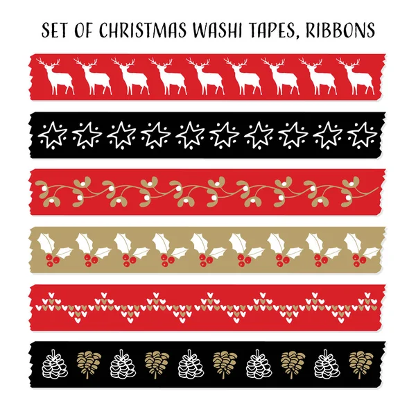 Set vintage Christmas washi tapes, linten met herten, holly en Maretak. Vectoren. — Stockvector