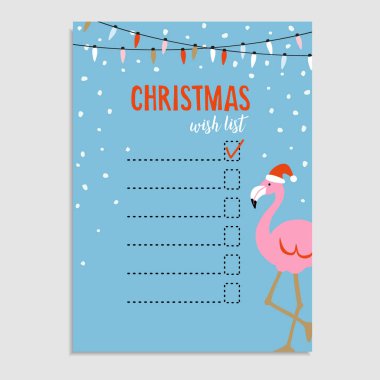 Sevimli Noel kartı, dilek listesi. Flamingo Noel Baba şapkası, dize ışıklar ve kar taneleri ile. Çizilmiş vektör çizim arka plan el.