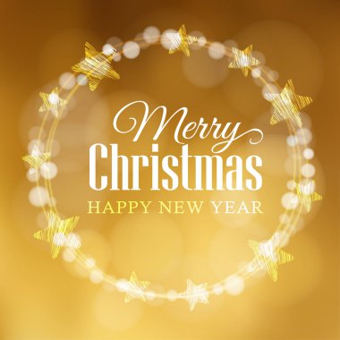 Noel tebrik kartı. Çelenk bokeh ışıklar ve yıldız yaptı. Modern altın arka plan bulanık, Festival vektör çizim.