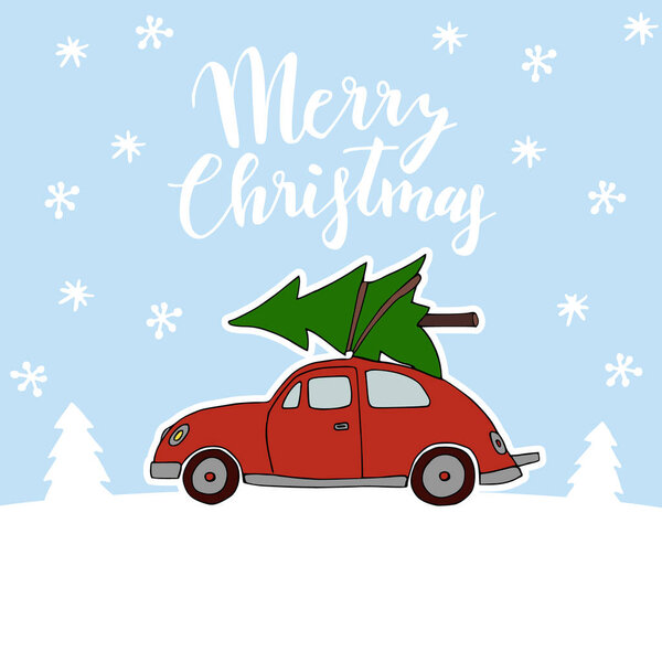 Милая рождественская открытка, приглашение с красной винтажной машиной, перевозящей елку на крыше. Снежный зимний пейзаж. Текст с надписью от руки, рисунок на векторном фоне
.