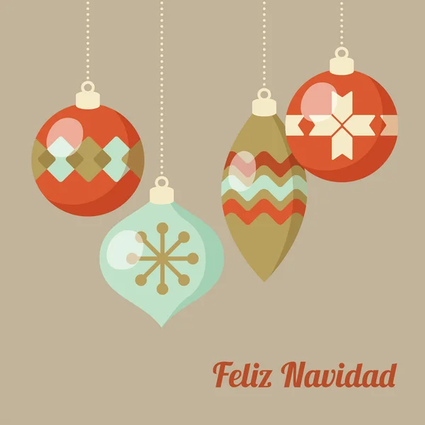 レトロなメリー クリスマス グリーティング カード、招待状、スペイン語フェリス ・ ナヴィダ。クリスマス ボール、フラットなデザインをぶら下がっています。図のベクトルの背景. — ストックベクタ