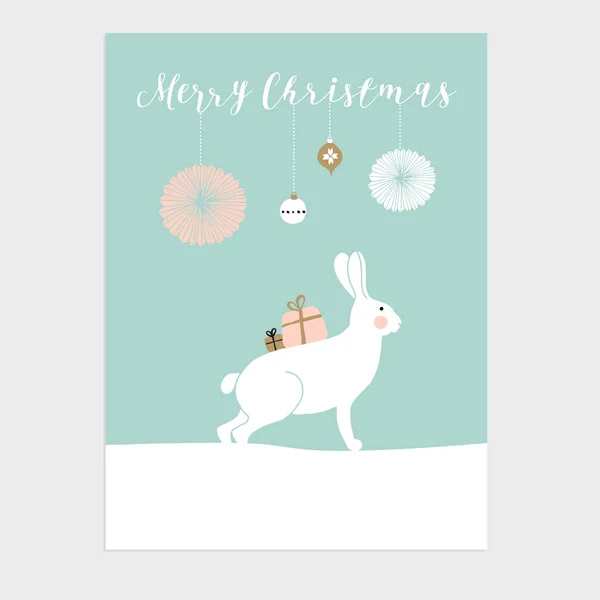 Linda tarjeta de felicitación de Navidad, invitación con liebre polar o conejo, cajas de regalo y bolas de Navidad. Diseño dibujado a mano. Ilustración vectorial . — Vector de stock