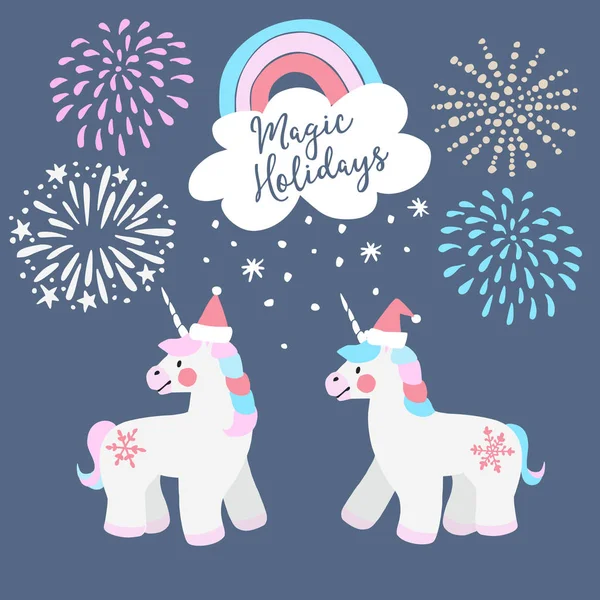 Cute Christmas greeting card, invitation. Little unicorns with Santa hats, rainbow and falling snow. Festive fairytale elements with fireworks. Isolated vector objects. Flat design. — Stock Vector