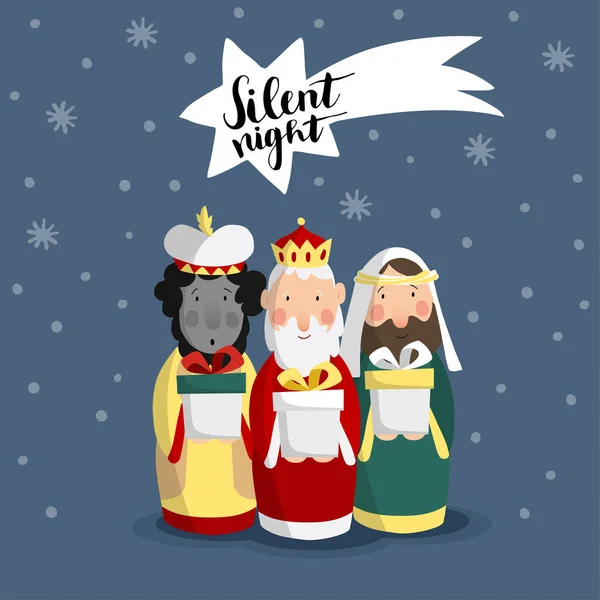 Linda tarjeta de felicitación de Navidad, invitación con tres magos que traen regalos y estrella fugaz. Reyes bíblicos Caspar, Melchor, Baltasar. Cometa con letras de mano. Diseño plano. Fondo de ilustración vectorial . — Vector de stock