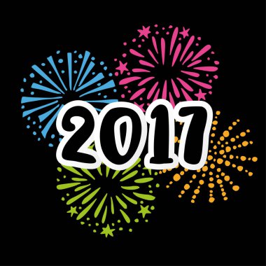 Yeni yıl 2017greeting kart, davet yazısı numaraları ve elle çizilmiş doodle havai fişek. Vektör çizim arka plan