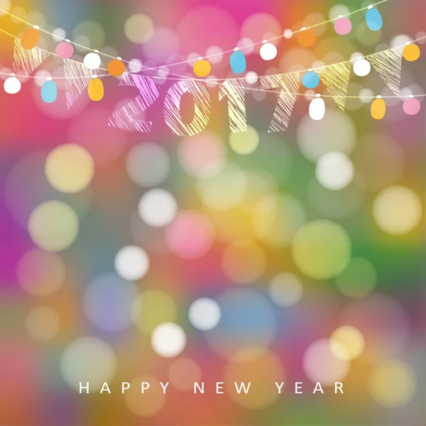 キラキラの文字列でグリーティング カード ライト、2017 新年あけましておめでとうございます、フラグ。パーティーの装飾。現代では、背景がぼやけています。ベクトル図. — ストックベクタ