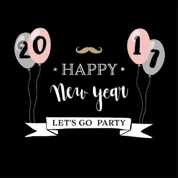 Feliz Ano Novo 2017 cartão de saudação, convite com balões de festa desenhados à mão e ícone de bigode. Desenho de Hipster, ilustração vetorial, fundo —  Vetores de Stock