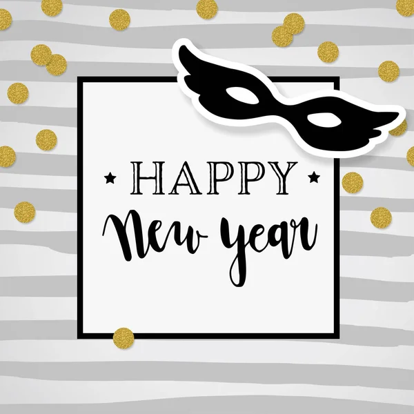 幸せな新年のグリーティング カード、招待状。きらびやかな金色の紙吹雪と手描きのカーニバルのマスク パーティー モックアップ シーン。ベクトル図の背景、トップ ビュー. — ストックベクタ