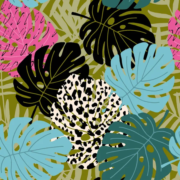 Patrón inconsútil de palma tropical y hoja de monstera con textura de piel de leopardo. Diseño hawaiano, fondo ilustración vectorial . — Archivo Imágenes Vectoriales