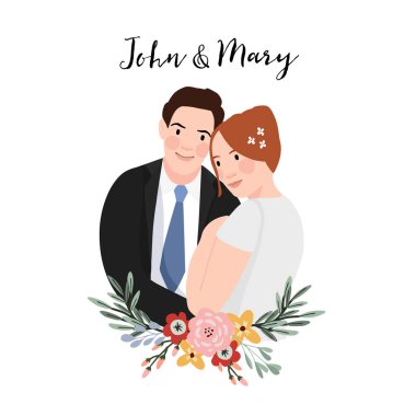 Düğün davetiyesi. Çok güzel çiçekler buket ile kaç sarılma. Evlilik ve aşk kavramı. Düz tasarım. Çizilmiş vektör karakter izole illüstrasyon el.