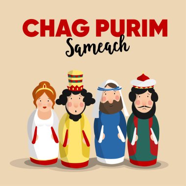 Chag Purim Sameach tatil tebrik kartı Yahudi Festivali için. Elle çizilmiş Kraliçe Esther, Kral Ahasuerus, Haman, Yahudi Mordecai. Megillahs masal için vektör çizimler.
