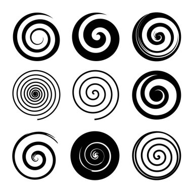 Spiral ve girdap hareket öğeleri, siyah izole nesneleri kümesi. Farklı fırça dokular. Vektör çizimler.