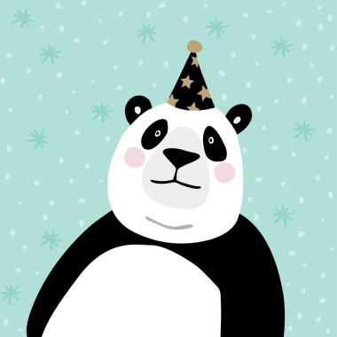 Sevimli dev panda parti şapkası ile ayı. Çocuklar poster ya da doğum günü tebrik kartı. Vektör çizim arka plan.