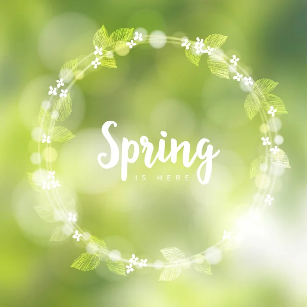 Spring background with wreath made of cherry blossoms, leaves and bokeh lights Modern blurred vector illustration. — Stock Vector