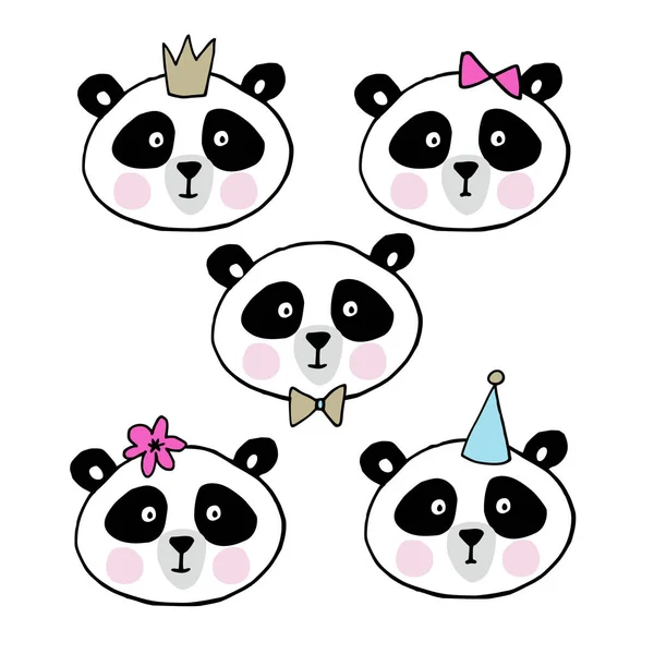 Set of cute giant pandas. Heads of little bears collection. Vector illustration. — Stock Vector