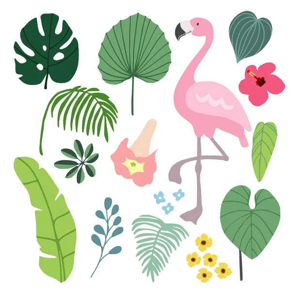 Summer tropical graphic elements with flamingo bird. Jungle floral illustrations, palm and monstera leaves and hibiscus flower, flat design. Isolated stock vectors. — Stock Vector