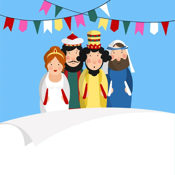 Chag Purim Sameach tatil tebrik kartı Yahudi Festivali için. Elle çizilmiş Kraliçe Esther, Kral Ahasuerus, Haman ve Yahudi Mordecai. — Stok Vektör