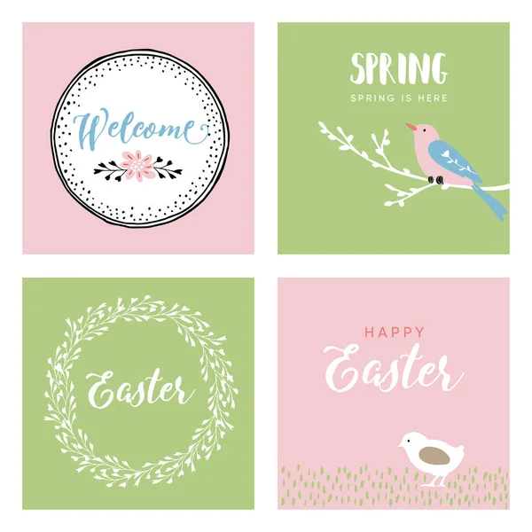 Set of hand drawn Easter greeting cards, invitations with bird, chicken and flowers. Spring concept, vintage design. Vector illustration background. — Stock Vector