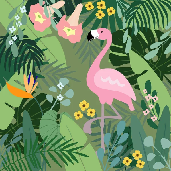 Summer tropical background. Flamingo bird with palm and banana leaves, monstera and datura flowers. Stock vector illustrations, flat design. — Stock Vector